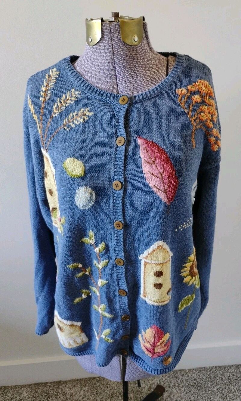 VTG Talbots Cardigan Sweater Women's Bird Fall Floral Cotton Knit Grandma M GC